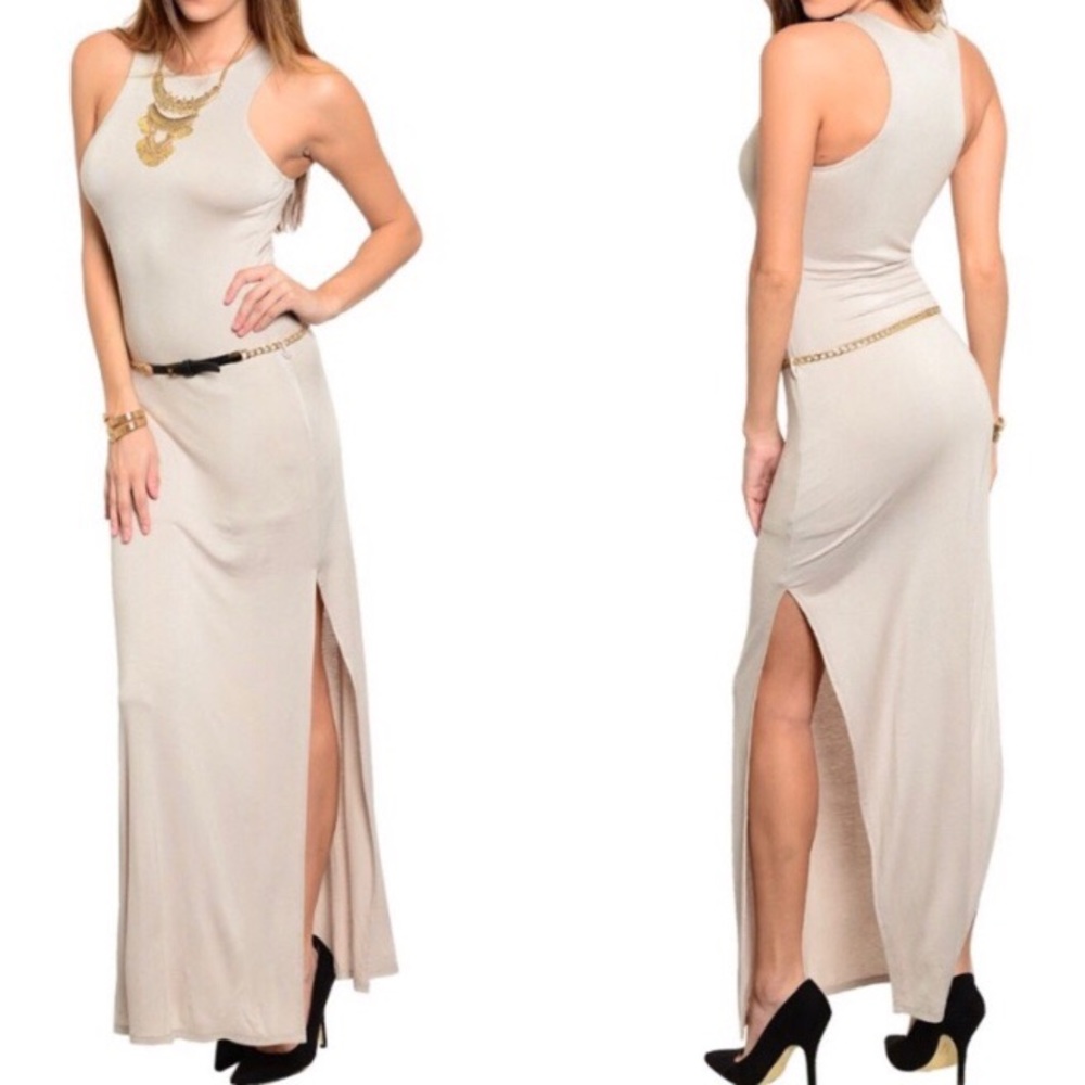 🆕 Taupe Slit Belted Maxi Dress
